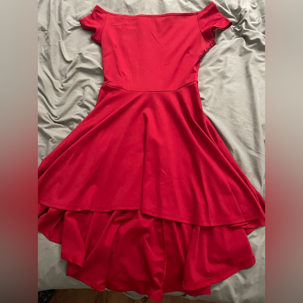 Red off the shoulder high low dress
